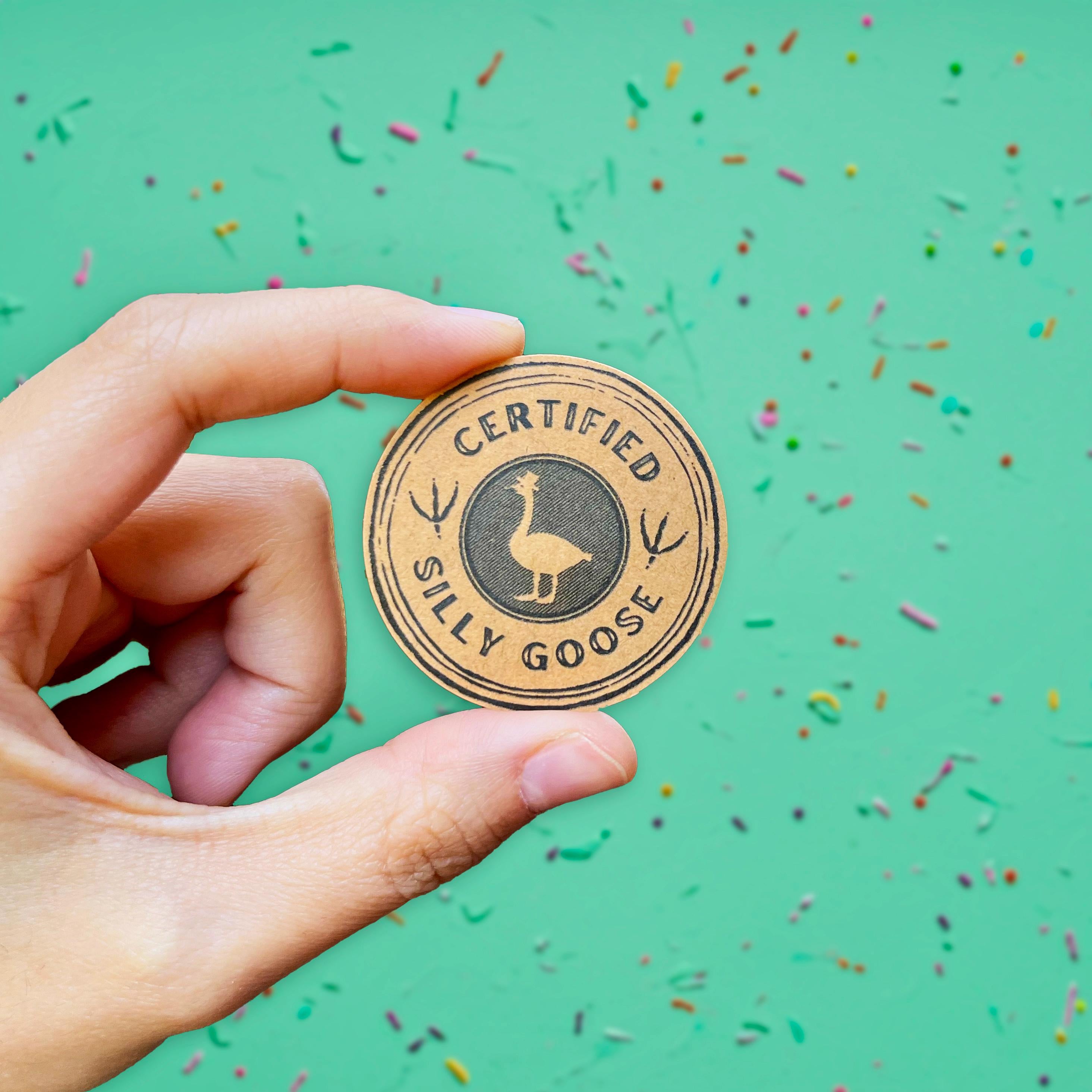 Hand holding a 'Certified Silly Goose' coin against a green background with colorful sprinkles.